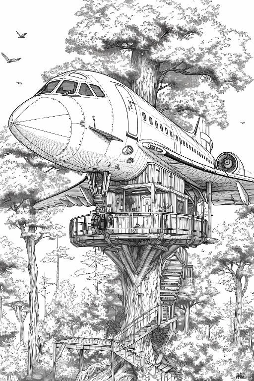 Airplane converted treehouse, realistic line art style — realistic style — highly detailed — line art coloring page — for kids and adults of all ages