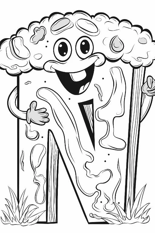 Anthropomorphic letter n cartoon character, with googly eyes and big smile — cartoon style — beginner-friendly — line art coloring page — for toddlers and preschoolers
