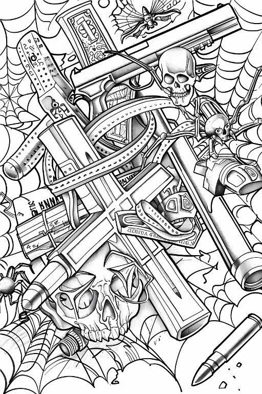 Horror guns and skulls combination, gothic dark style — free printable violence coloring book page