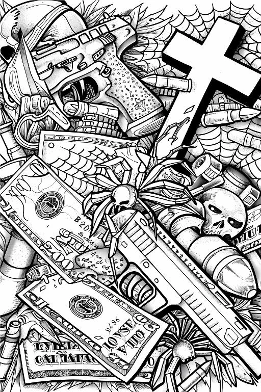 Dark combination of skulls, guns — highly detailed — line art coloring page — for teens and adults