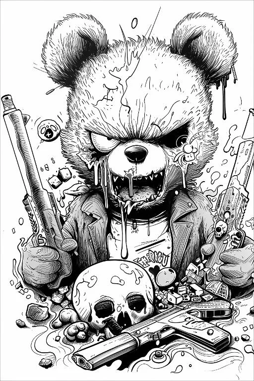 Furious violent teddy bear, dark cartoon style — free printable violence coloring book page