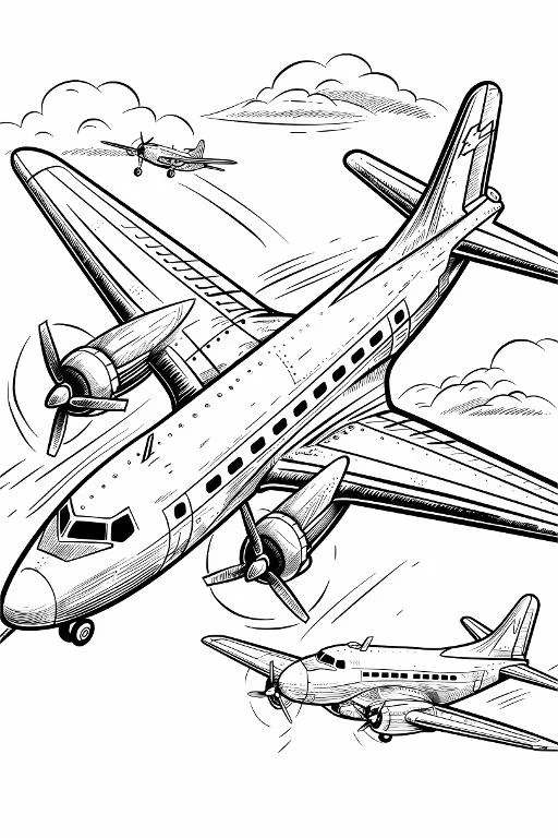Vintage propeller airplanes flying in sky with clouds, sketch art style — free printable aviation coloring book page
