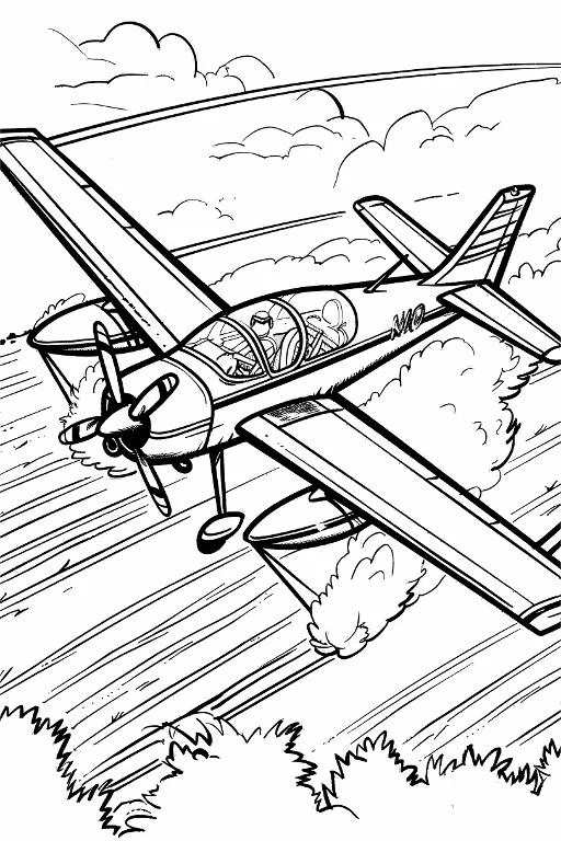 Seaplane flying low over grass, cartoon style — free printable flight coloring book page