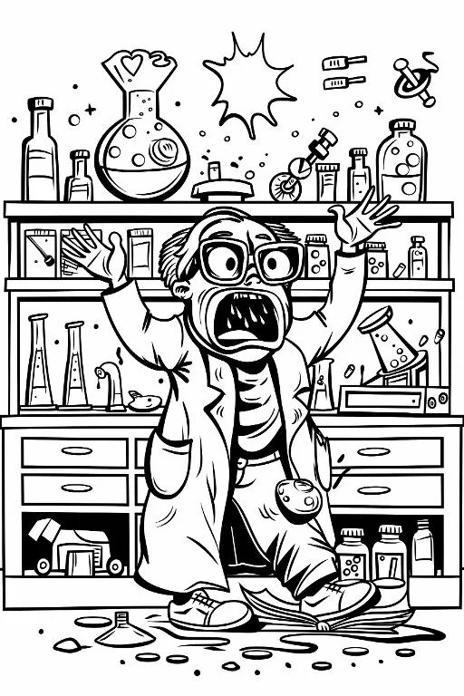 Mad scientist in a messy laboratory, cartoon style — free printable laboratory coloring book page