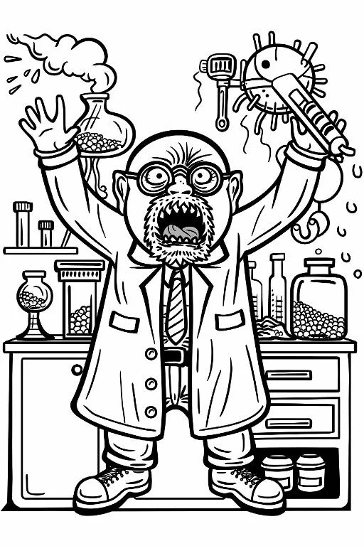 Crazy horror scientist, cartoon horror style — cartoon style — moderate detail — line art coloring page — for teens and adults