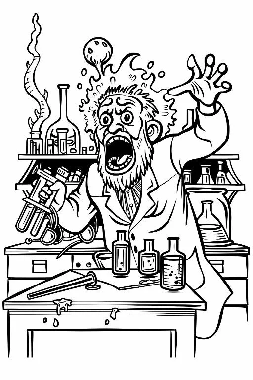 Mad scientist in laboratory, cartoon style — cartoon style — moderate detail — line art coloring page — for kids and adults of all ages