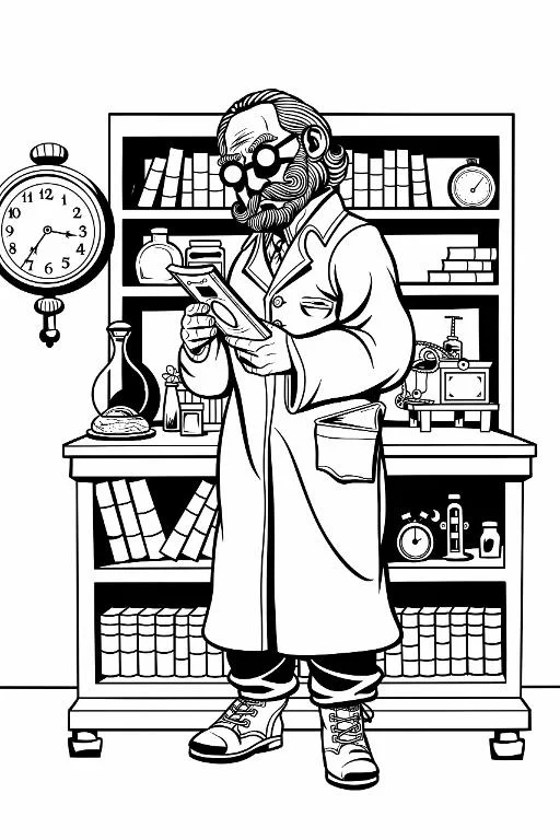 Elderly scientist in lab coat, cartoon style — free printable science coloring book page
