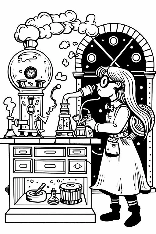 Girl scientist doing experiment in laboratory, cartoon style — free printable laboratory coloring book page