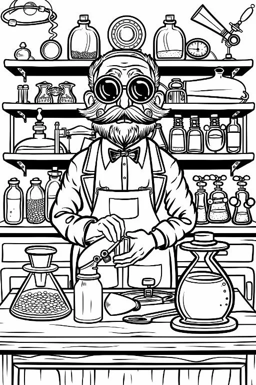 Elderly scientist doing experiments in a laboratory, cartoon style — cartoon style — moderate detail — line art coloring page — for kids and adults of all ages