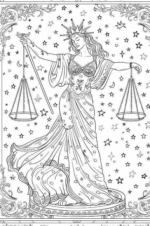 Libra goddess of justice holding balance scales, art deco style — highly detailed — line art coloring page — for kids and adults of all ages