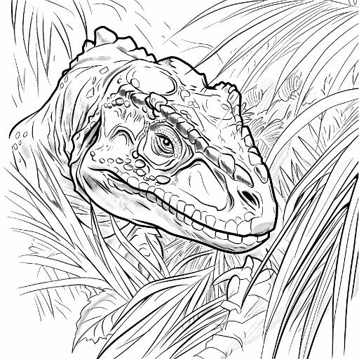 Dinosaur head in jungle, sketch style — moderate detail — line art coloring page — for kids and adults of all ages