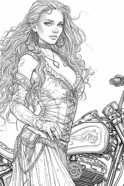 Fantasy elf girl with long curly hair standing beside vintage motorcycle, wearing retro corset dress with belt and chain — free printable coloring page