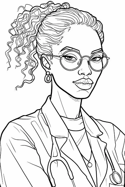 Female doctor with round glasses and curly ponytail, realistic illustration style — free printable doctor coloring book page