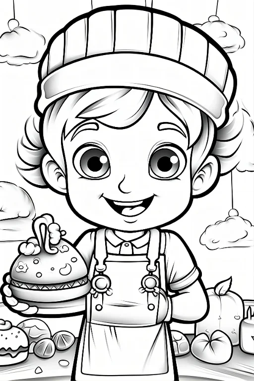 Cute cartoon little chef holding a decorated burger, cartoon style — cartoon style — beginner-friendly — line art coloring page — for toddlers and preschoolers