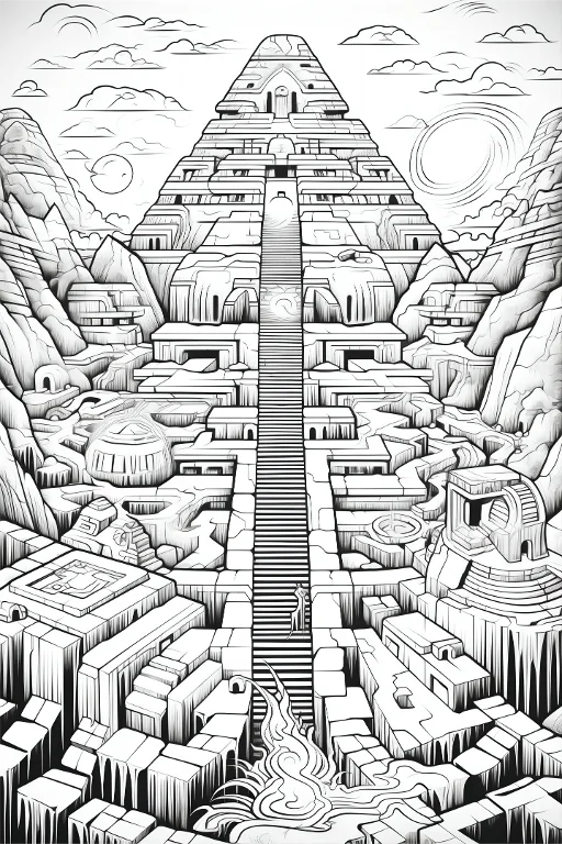 Mayan pyramid complex in mountain valley, mayan cultural style — highly detailed — line art coloring page — for kids and adults of all ages