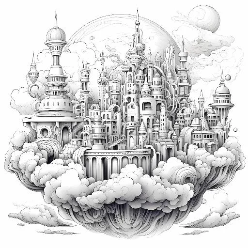 Fantasy floating castle in the sky, sketch style — free printable sky coloring book page