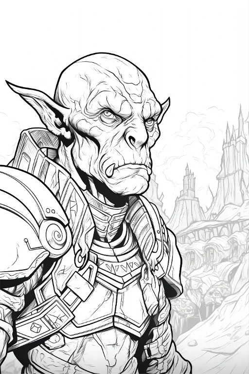 Armored orc with sharp fangs and pointed ears, fantasy style — free printable medieval scene coloring book page