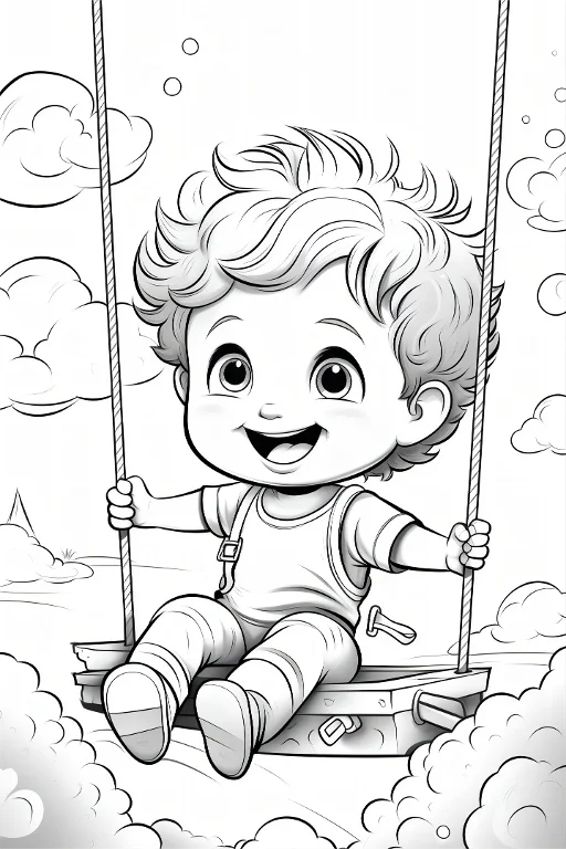 Cute little boy swinging on a swing, cartoon style — cartoon style — beginner-friendly — line art coloring page — for toddlers and preschoolers