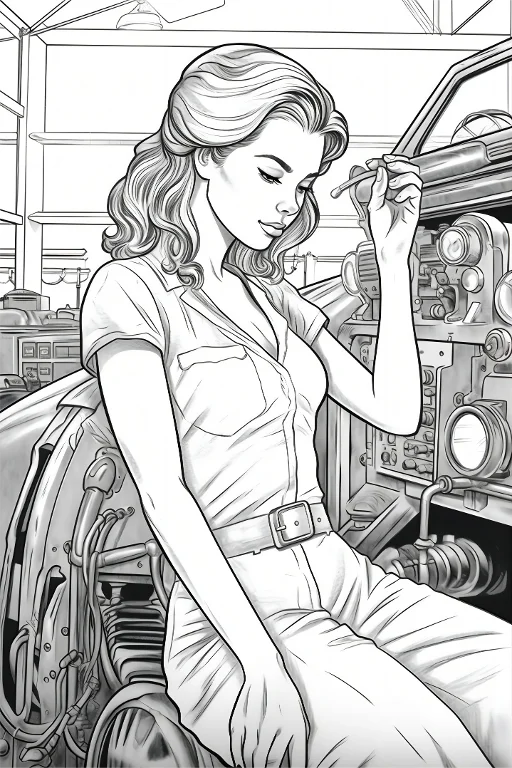 Coloring book page, female auto mechanic sitting on car parts in garage workshop — free printable work scene coloring book page