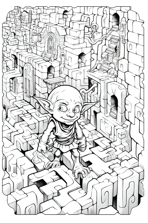 Cute goblin in a maze-like stone castle, fantasy illustration style — free printable maze coloring book page