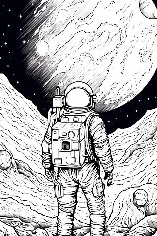 Astronaut standing on alien rocky terrain, sci-fi sketch style — moderate detail — line art coloring page — for kids and adults of all ages