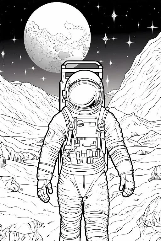 Astronaut on alien planet surface, sci-fi realistic sketch style — free printable alien scenery coloring book page