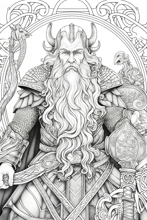 Norse armored bearded deity with horned helmet, nordic celtic style — free printable nordic culture coloring book page