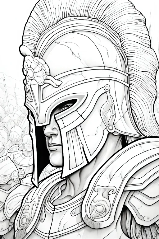 Roman warrior with ornate helmet and armor, classical european realistic style — moderate detail — line art coloring page — for kids and adults of all ages