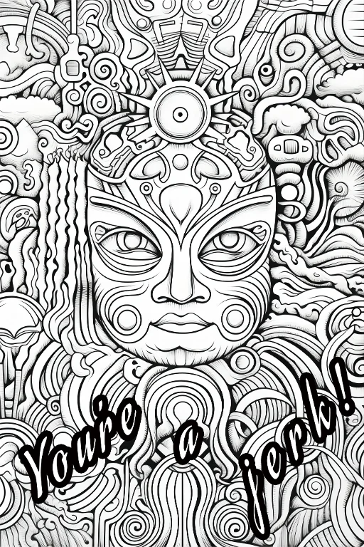 Tribal totem style human face, abstract doodle art — highly detailed — line art coloring page — for teens and adults