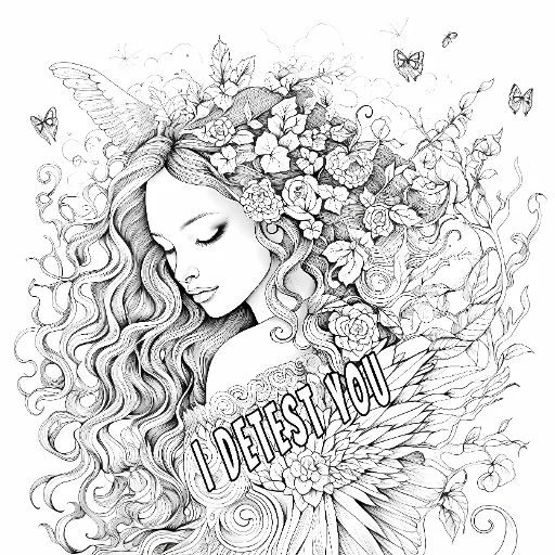 Closed-eye curly-haired fairy with floral crown and wings, fantasy style — highly detailed — line art coloring page — for teens and young adults