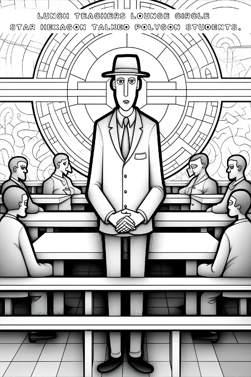 Teacher wearing a hat standing in front of students in a school lounge, cartoon style — free printable teacher coloring book page
