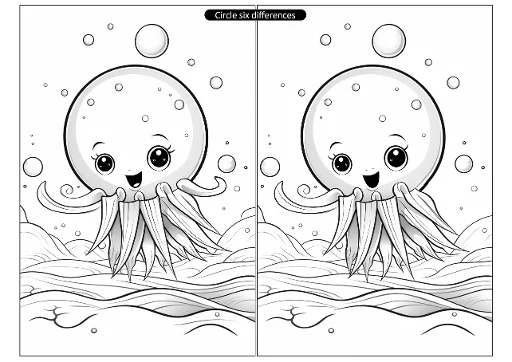 Find six differences game, two cute cartoon octopuses in underwater scene with waves and bubbles — free printable children's play coloring book page