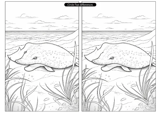 Find five differences, stingrays on sandy beach with seaweed — free printable spot the difference coloring book page