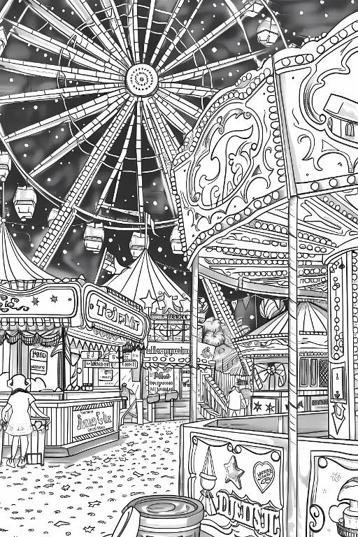 Amusement park street scene, realistic line art style — realistic style — highly detailed — line art coloring page — for kids and adults of all ages