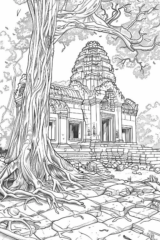Ancient southeast asian temple with large banyan tree wrapping around the ruins, realistic sketch style — free printable southeast asian culture coloring book page