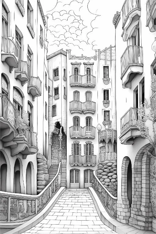 European style alley with buildings, sketch art style — free printable architectural scenery coloring book page