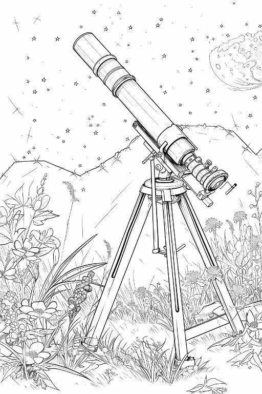 Astronomical telescope on tripod, realistic line art style — realistic style — moderate detail — line art coloring page — for kids and adults of all ages
