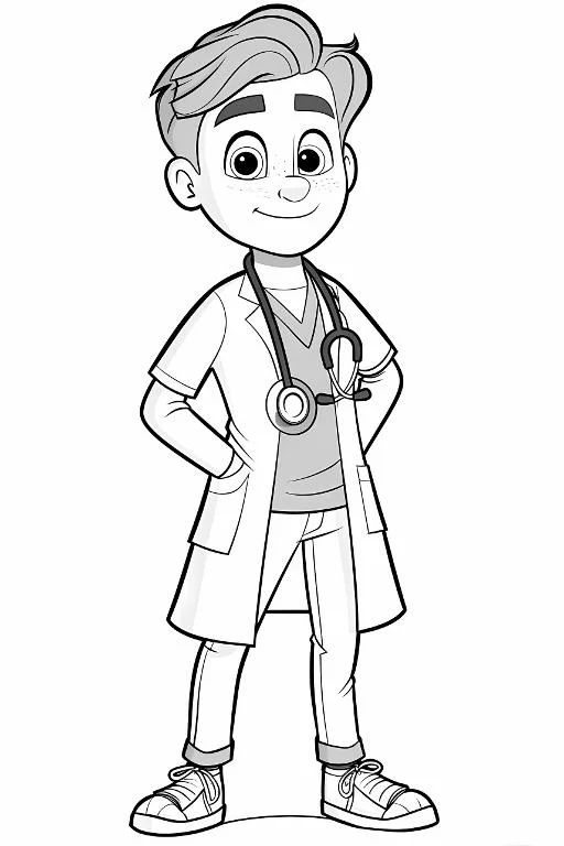 Cartoon male doctor with stethoscope, cartoon style — cartoon style — beginner-friendly — line art coloring page — for kids ages 3–12