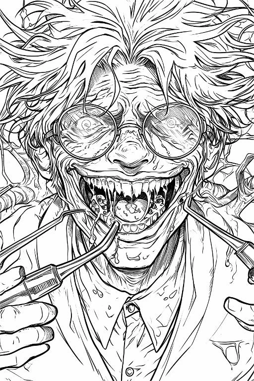 Crazy horror doctor with sharp teeth and round glasses, dark horror illustration style — free printable doctor coloring book page