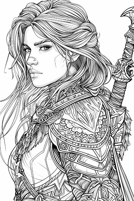 Nordic style female warrior with long curly hair and nose piercing, sketch art style — free printable nordic culture coloring book page