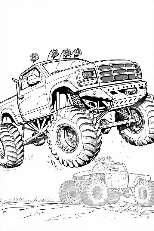 Monster bigfoot off-road trucks, cartoon style — free printable off-road coloring book page