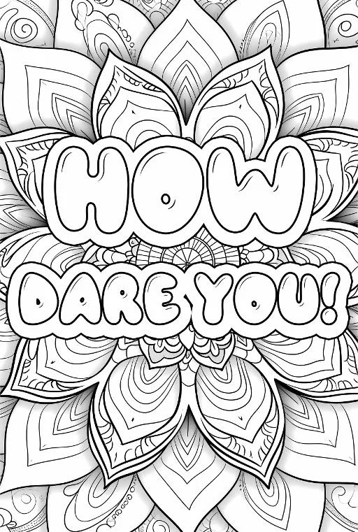 Mandala-style angry text 'how dare you!', intricate symmetrical decorative patterns — zentangle style — highly detailed — line art coloring page — for teens and adults