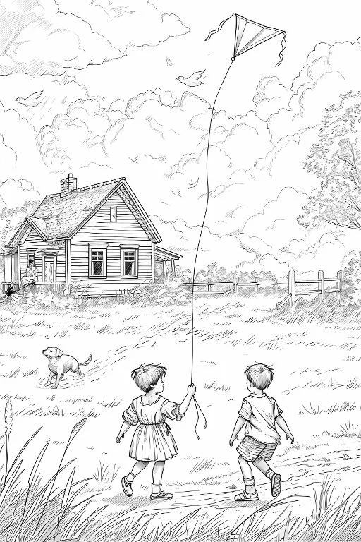 Two children flying a kite in rural countryside, realistic sketch style — realistic style — moderate detail — line art coloring page — for kids and adults of all ages