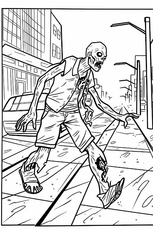 Damaged zombie, cartoon horror style — free printable zombies coloring book page