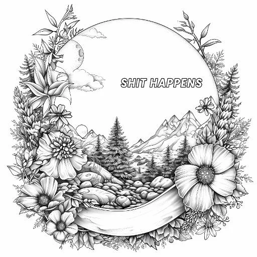 Natural landscape surrounded by floral wreath, sketch style — free printable coloring page