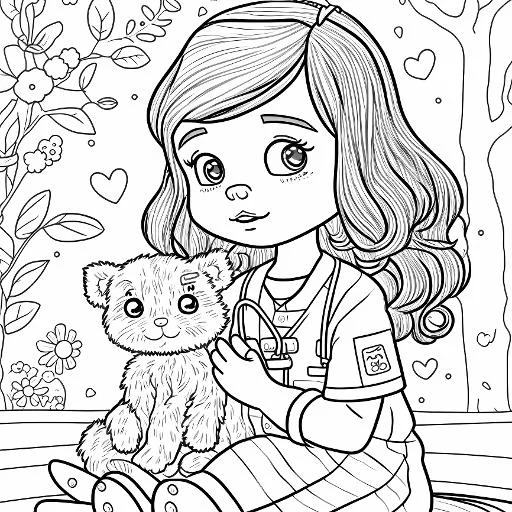 Nurse girl with fluffy teddy bear, cartoon style — free printable nurse coloring book page