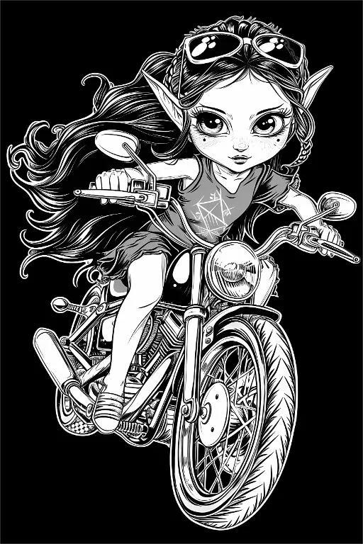 Cute elf girl riding a motorcycle, cartoon fantasy style — cartoon style — moderate detail — line art coloring page — for kids and adults of all ages