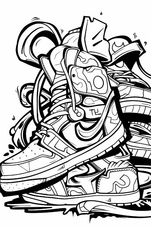 Cartoon trendy high-top sneakers, graffiti street art style — cartoon style — moderate detail — line art coloring page — for teens and adults