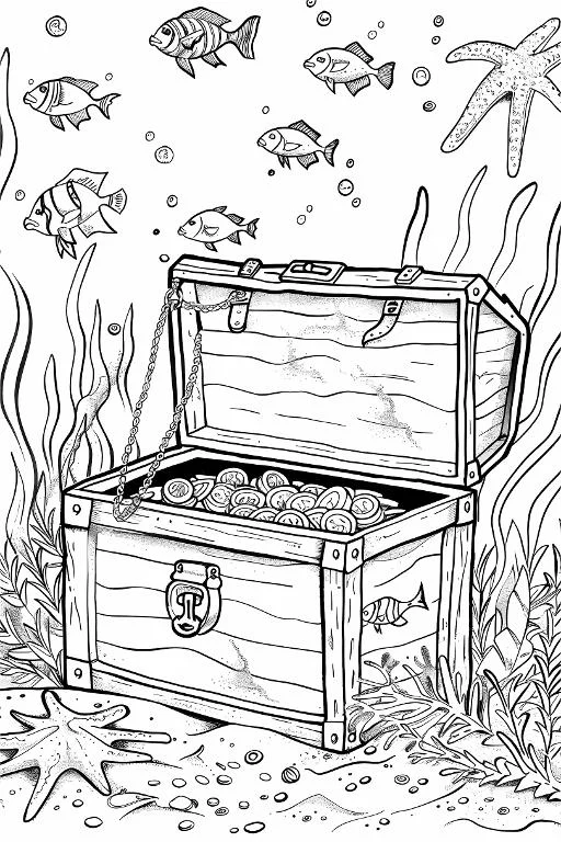 Underwater treasure chest filled with gold coins, sketch line art style — free printable treasure coloring book page