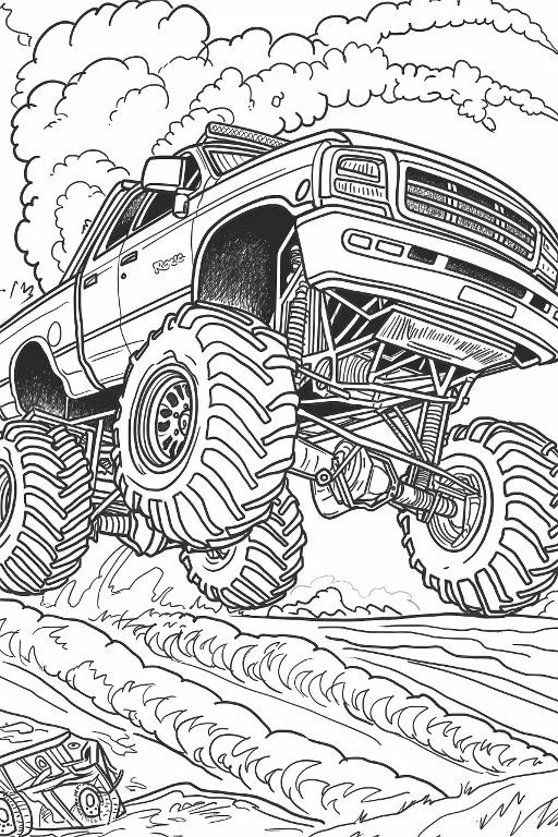 Giant monster truck, cartoon style — free printable off-road coloring book page
